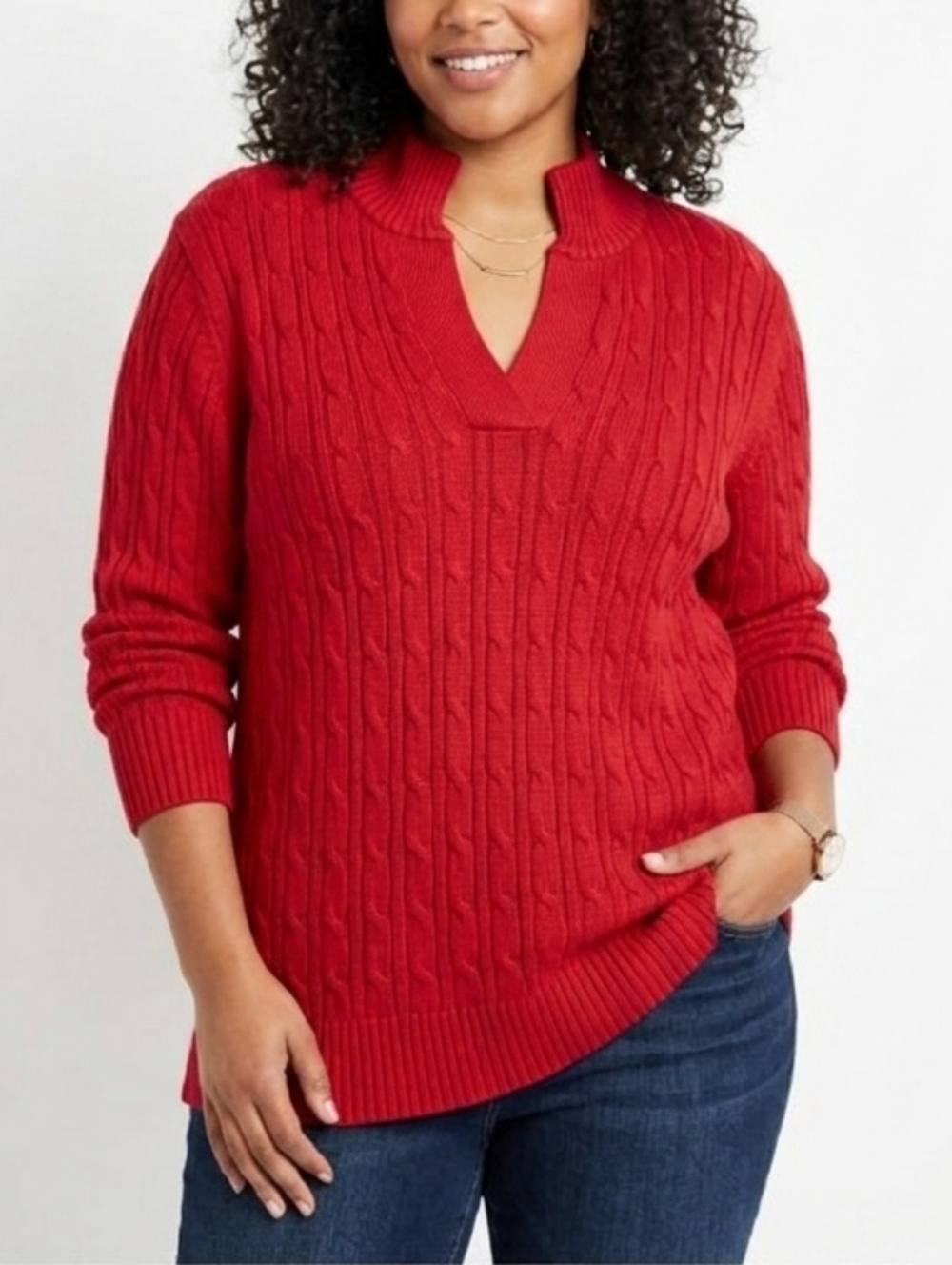 Liz Clairborne Woman Red Cotton V neck cable knit sweater with collar